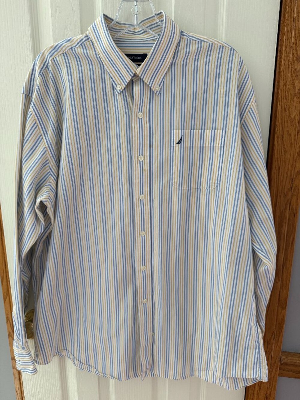 Nautica Mens Striped Dress Shirt Blue Yellow White Collared Sz 34/35 Neck 17